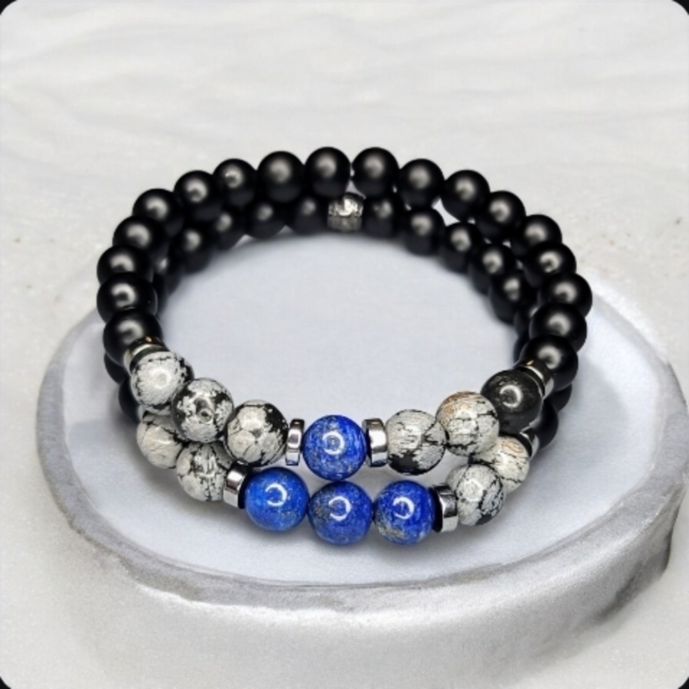 Black and Blue Beaded Bracelet Set